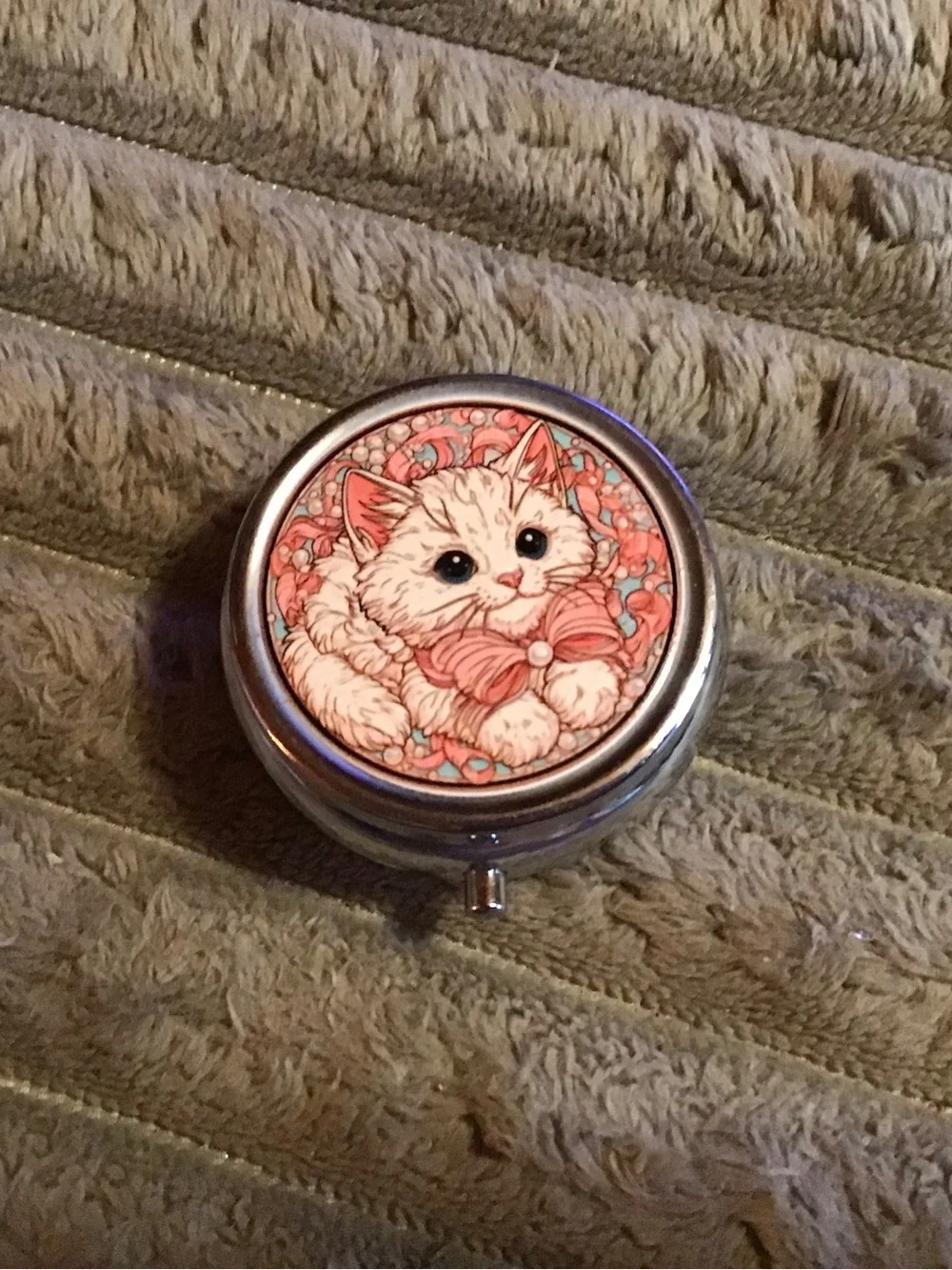 Cute Cat Pill Box with Pink Floral Art